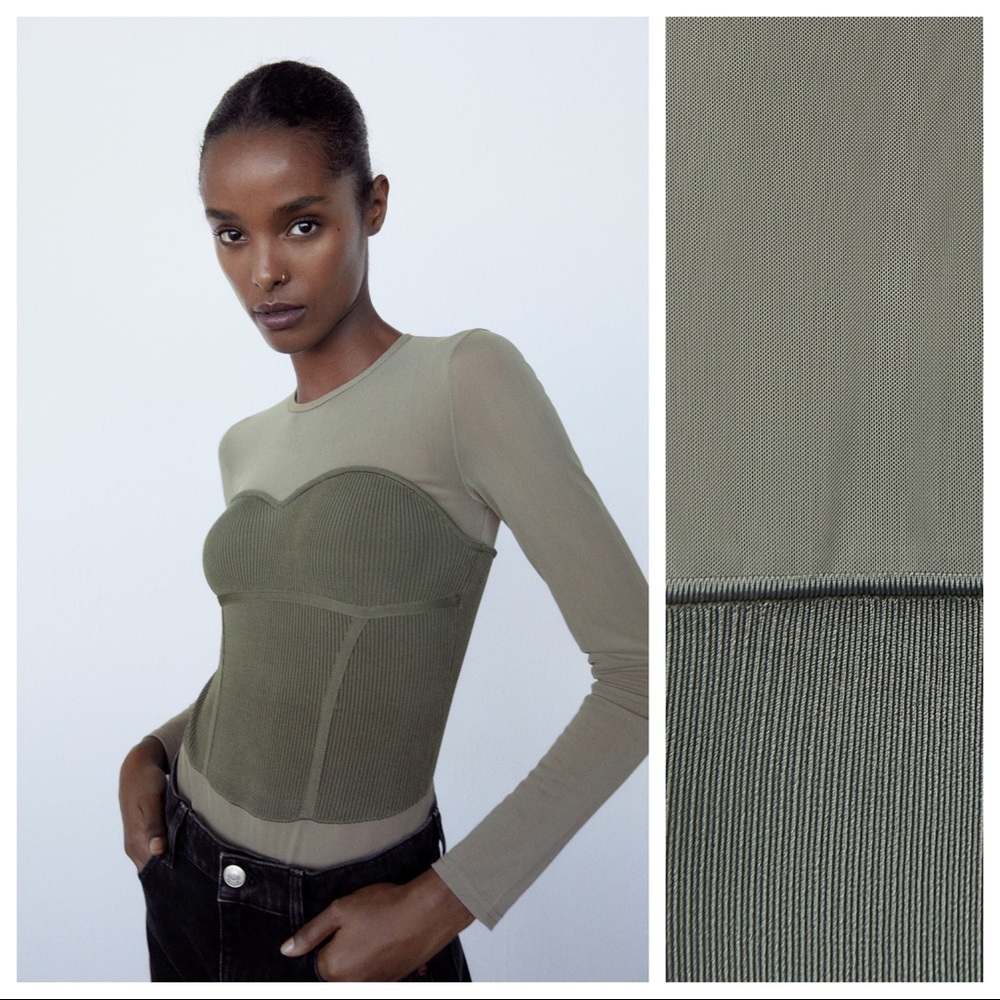 NWT. Zara Green Combination Knit Bodysuit. Size S.